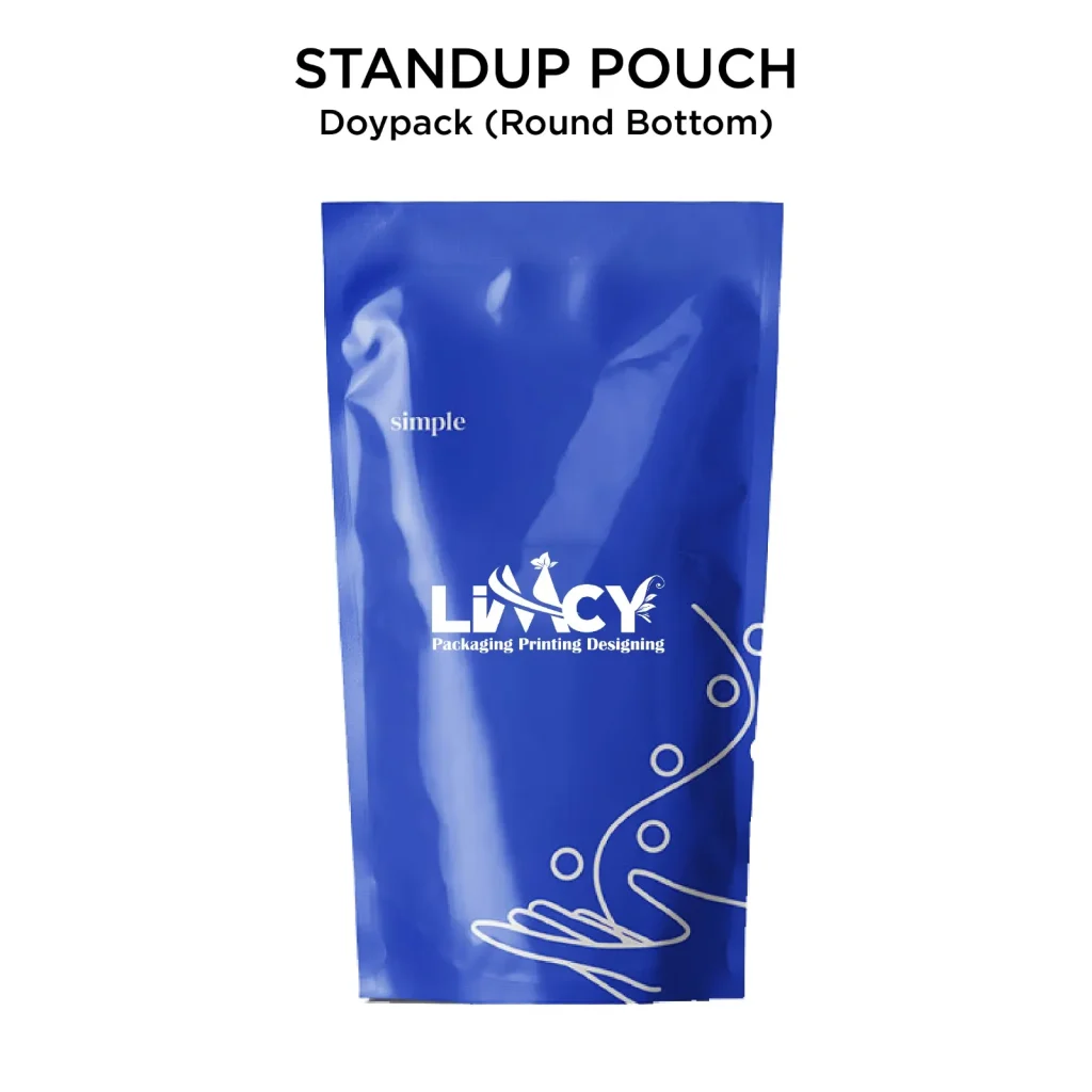 Blue stand-up pouch with white printed design and logo.