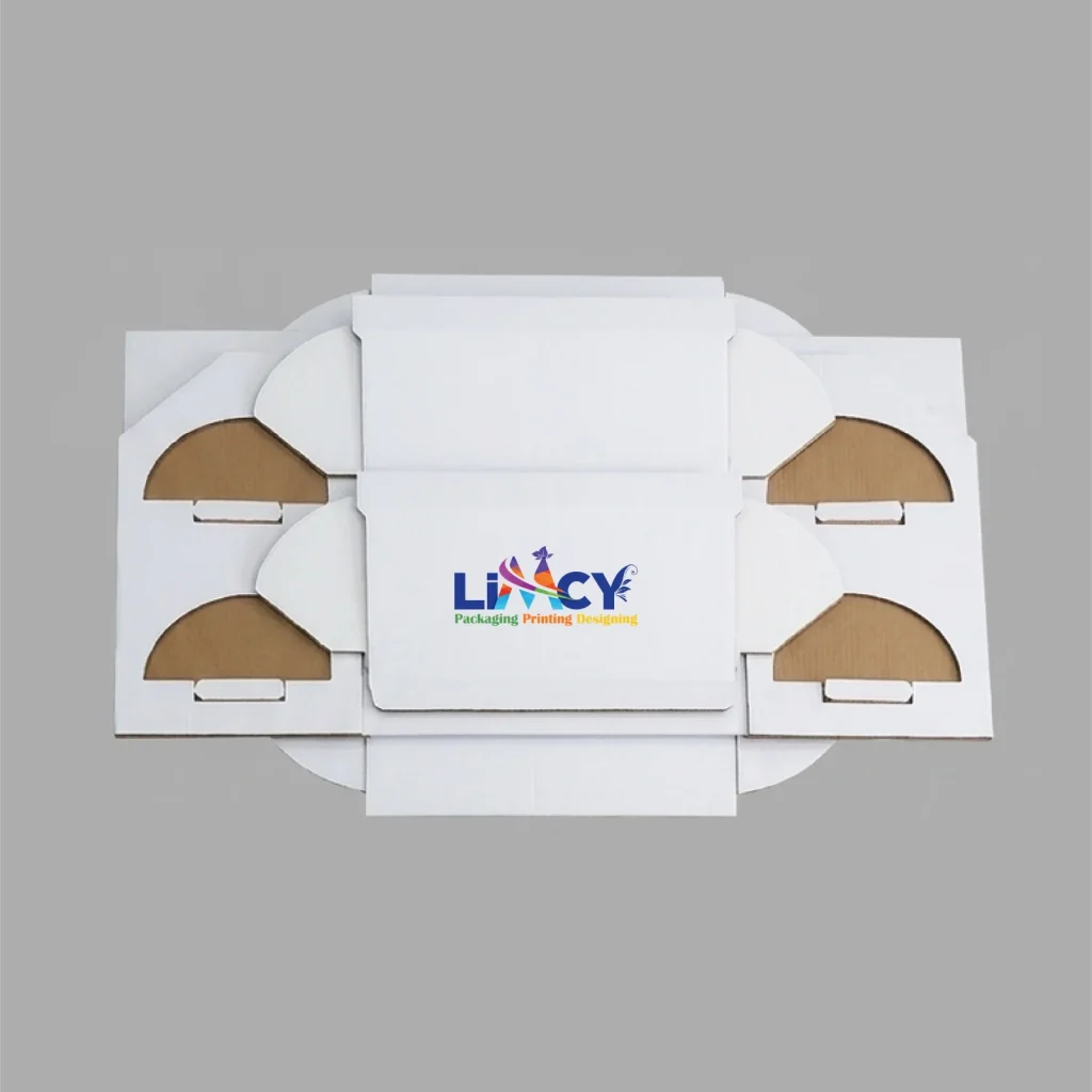 Flat-packed cardboard folding display box showing compact storage and easy assembly design.