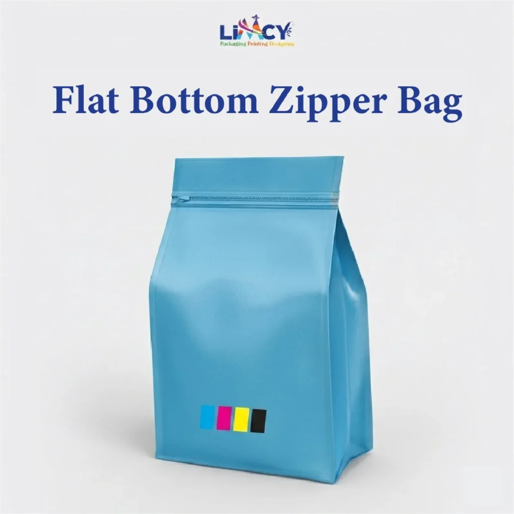 Flat bottom zipper bag with modern flexible packaging design for product freshness.