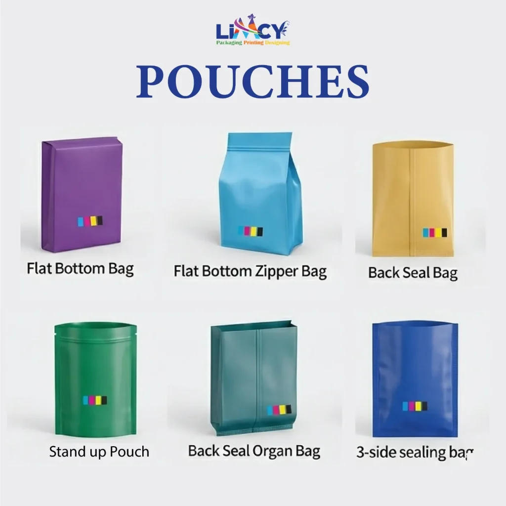 Different flexible packaging bags including stand-up pouch, flat bottom bag, back seal bag, and zipper pouch styles.