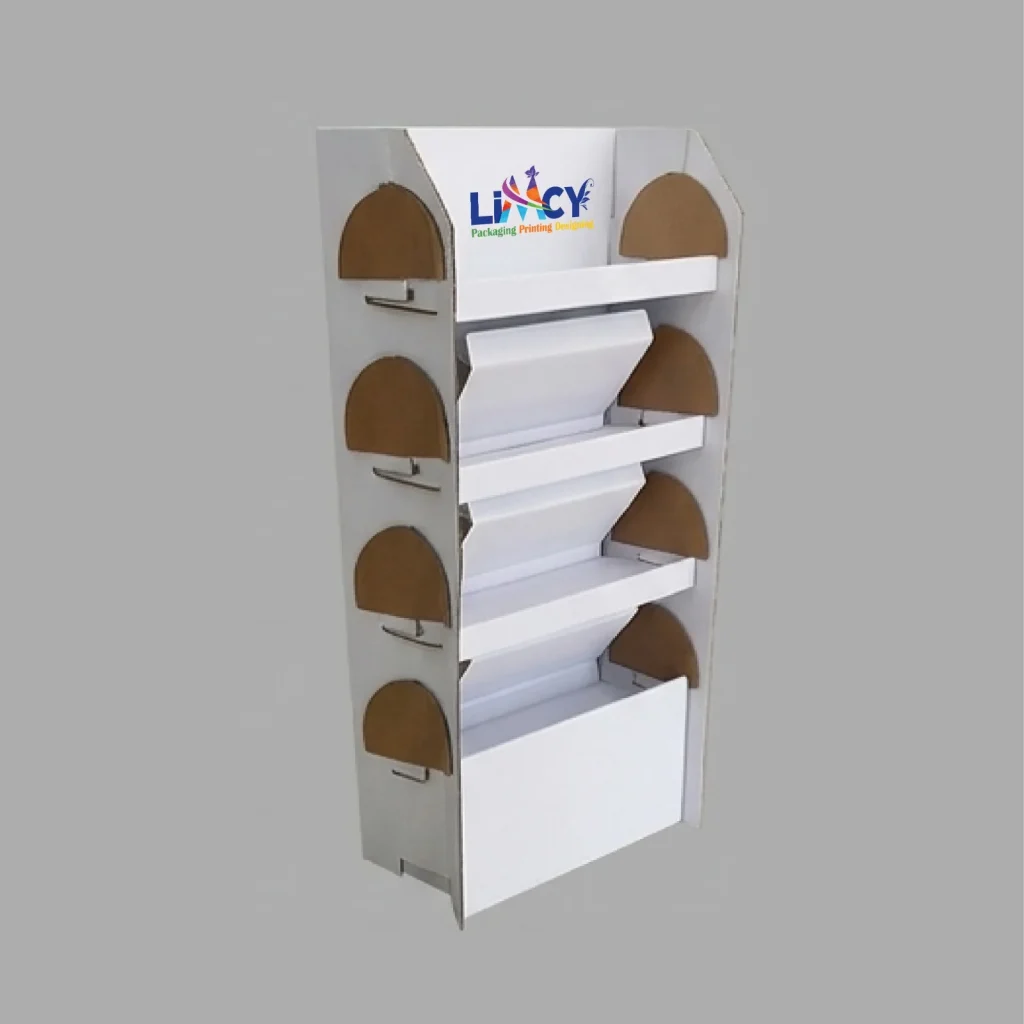 Foldable cardboard floor display box with adjustable shelves for retail product presentation.