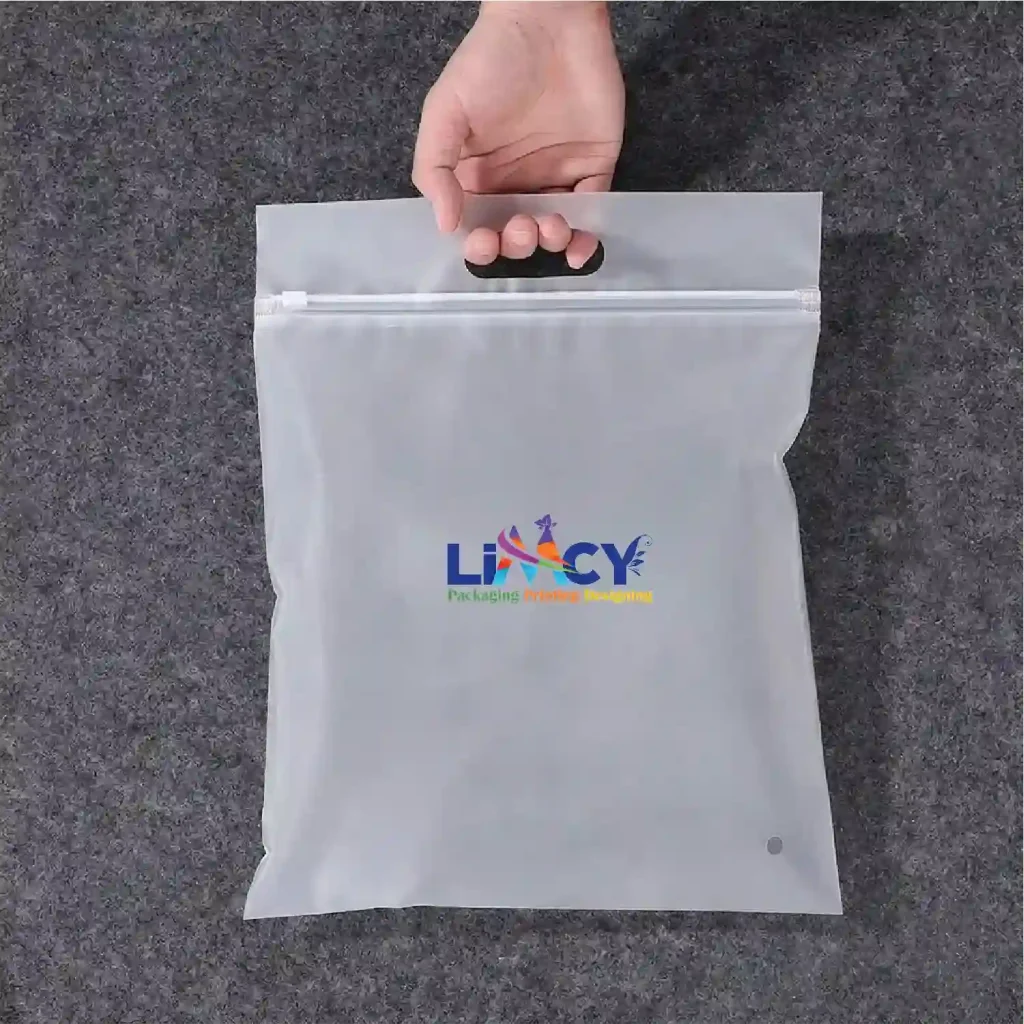 Frosted bag with handle and custom logo printing for ecommerce packaging.