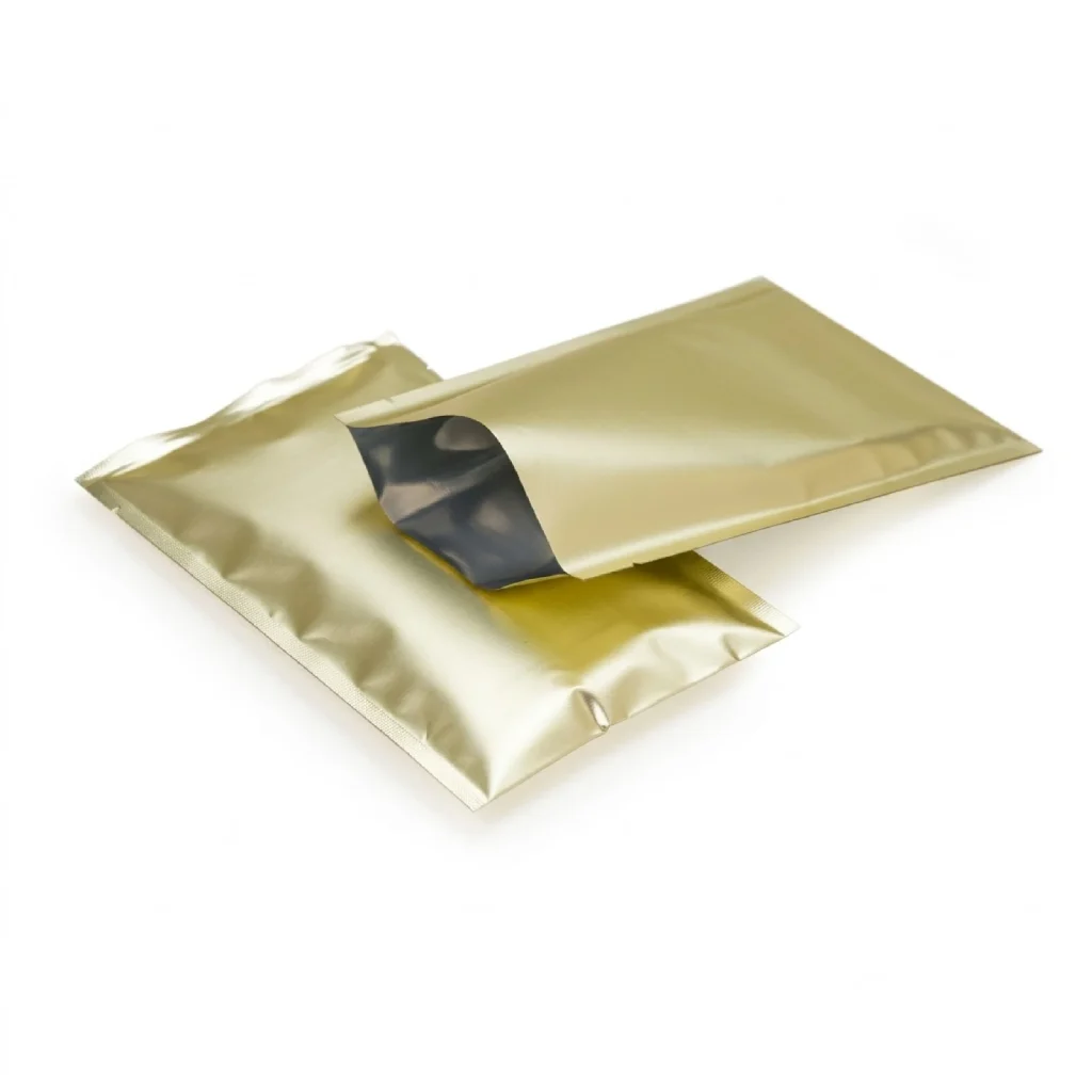 Gold flat barrier pouch style for food and moisture protection packaging.