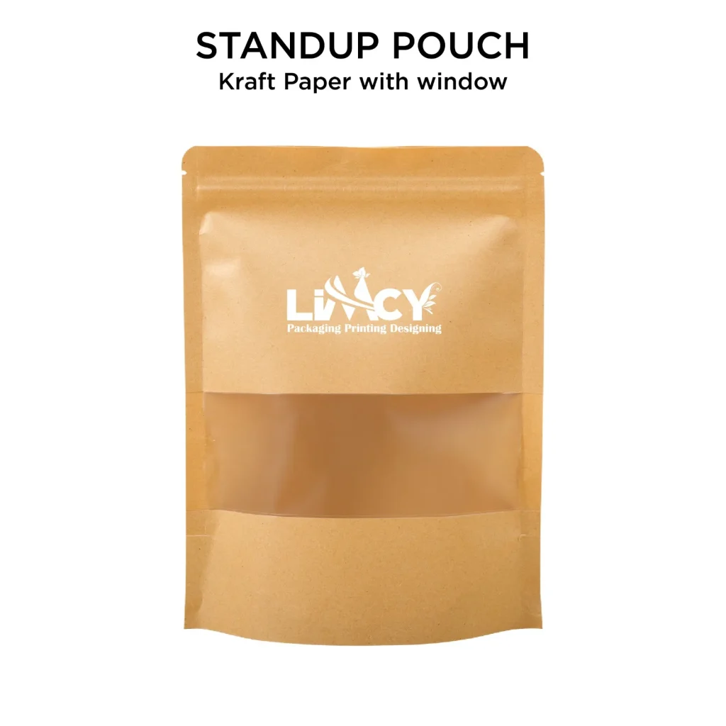 Brown kraft stand-up pouch with transparent window and zip lock.