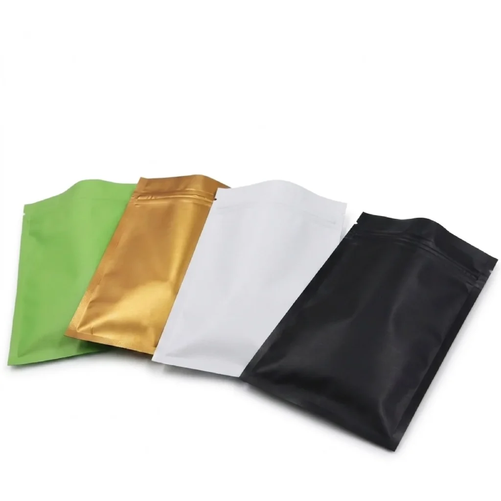 Multiple flat pouch styles in different colors for flexible packaging solutions.