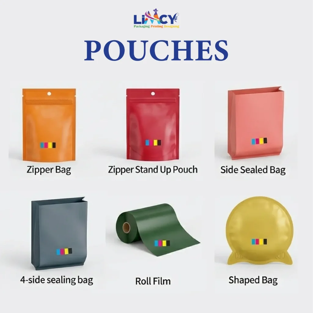 Different Types of Custom Packaging Pouches Including Zipper Bags, Stand Up Pouches, Side Sealed Bags, 4 Side Sealing Bags, Roll Film, and Shaped Bags.
