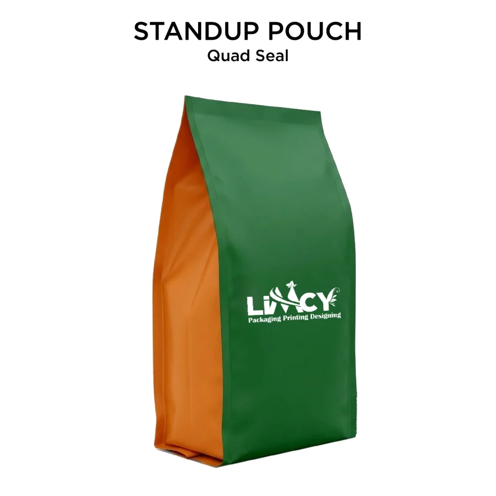 Green and orange side gusset pouch with custom branding.