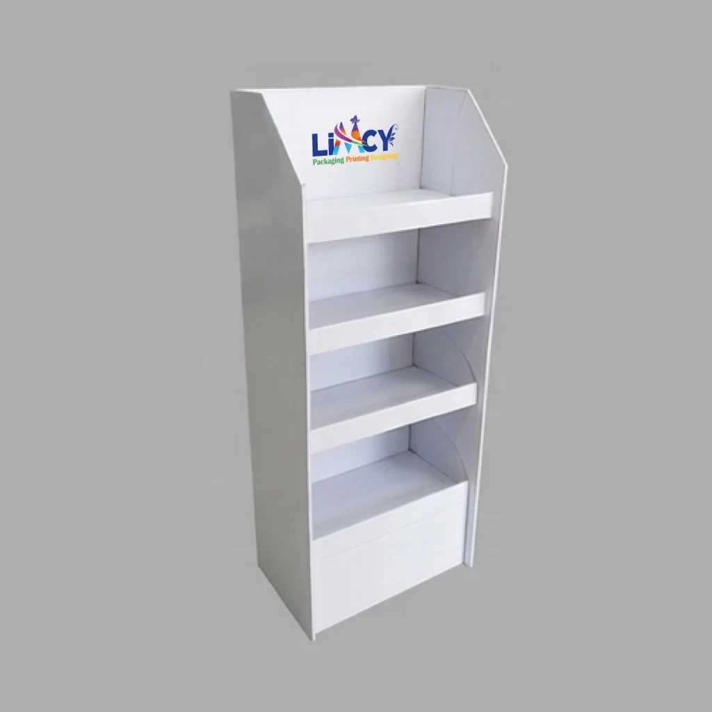 White retail floor display stand made from cardboard for snacks and promotional products.
