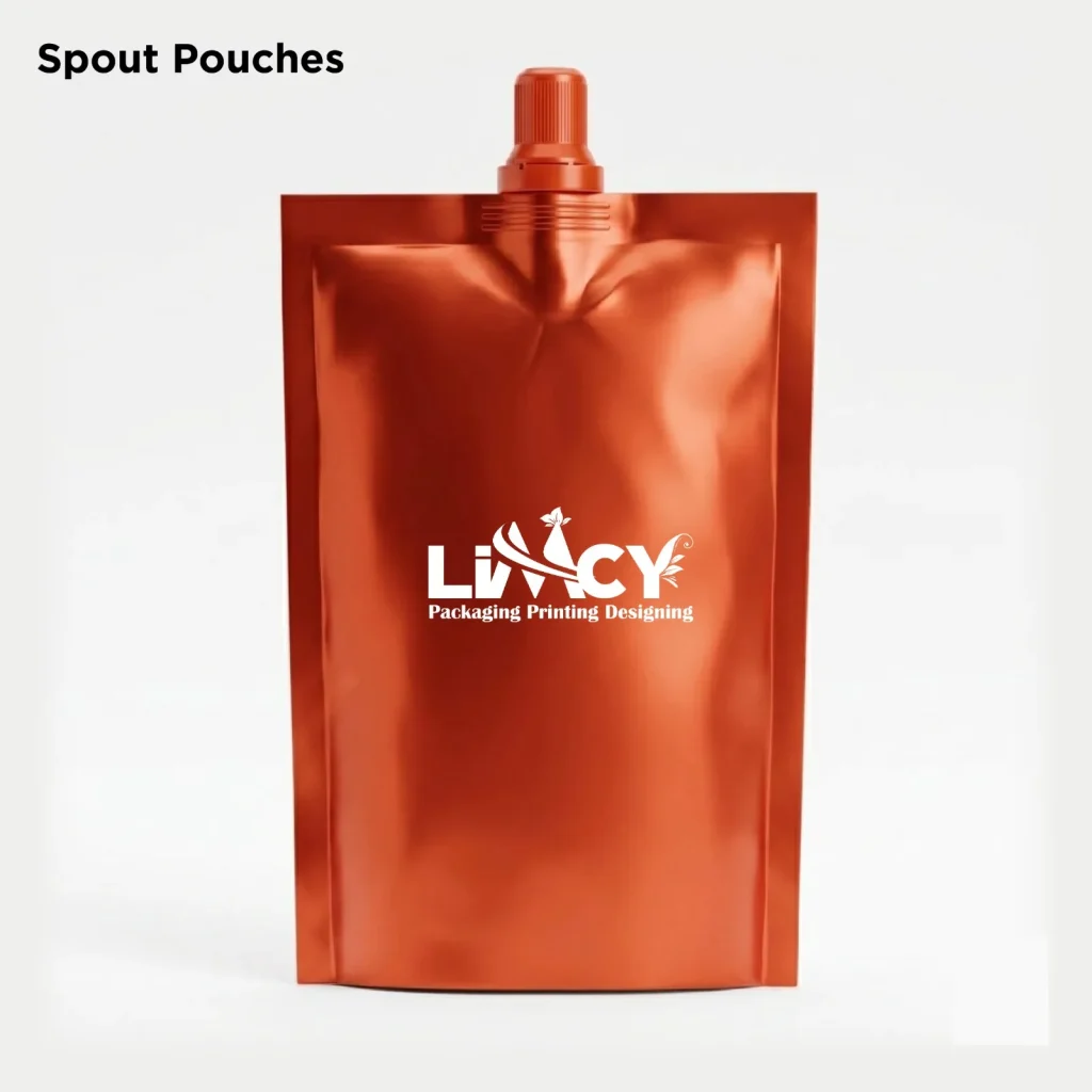 Metallic orange spout pouch for liquid packaging with custom printed branding.
