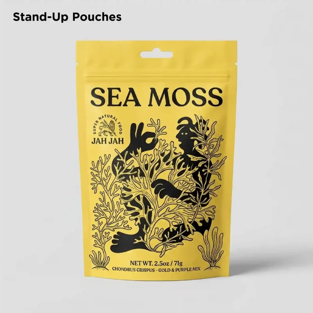 Yellow custom sea moss pouch with hanging hole and detailed printed packaging design.
