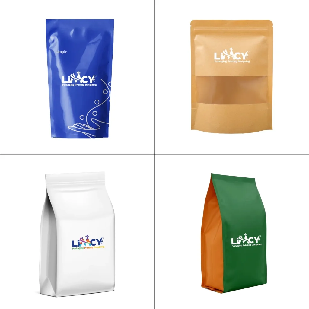 Different types of stand-up pouch designs displayed in blue, kraft, white, and green packaging styles.