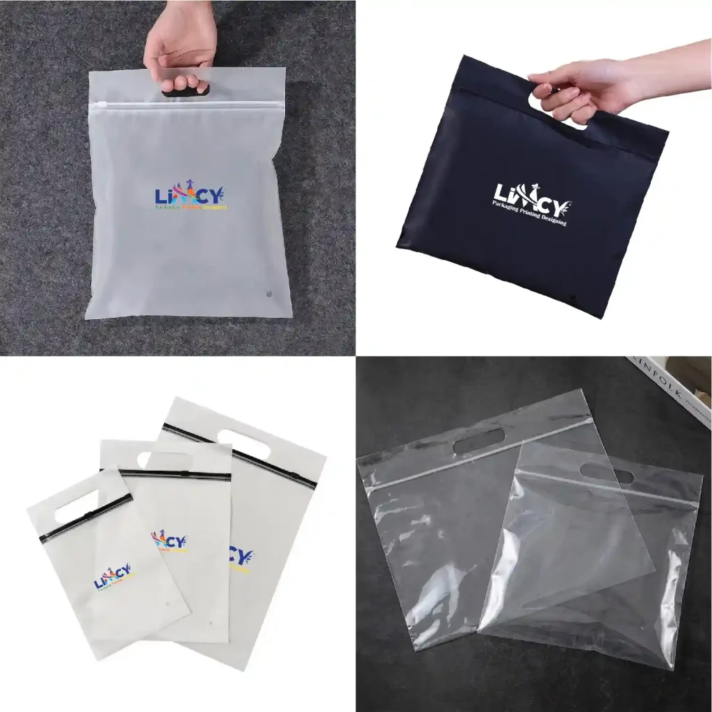 Ziplock bags with handle in custom designs including frosted, black, and transparent zipper bags with logo.