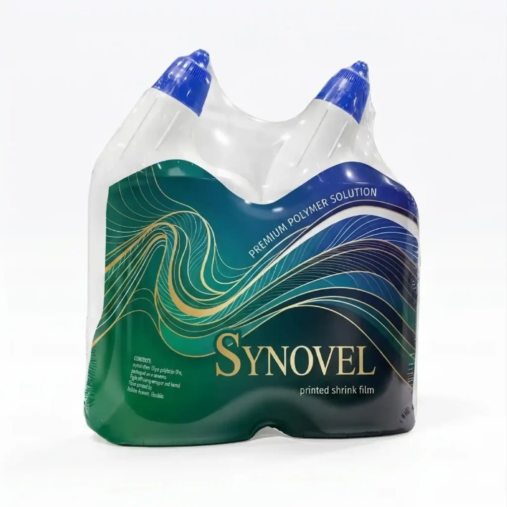 Synovel printed shrink film wrapped around bottles showing custom flexible packaging design.