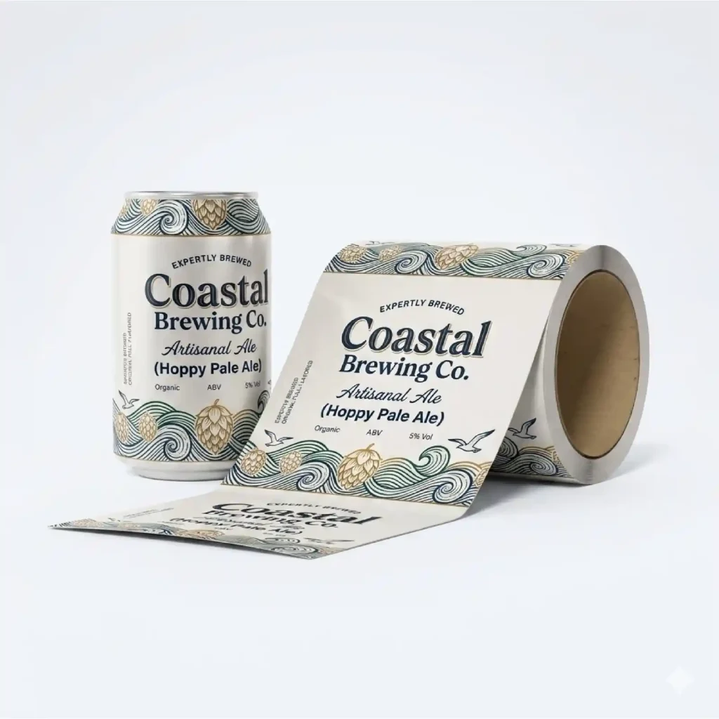 Coastal Brewing Co shrink sleeve label roll with printed flexible packaging for beverage cans.