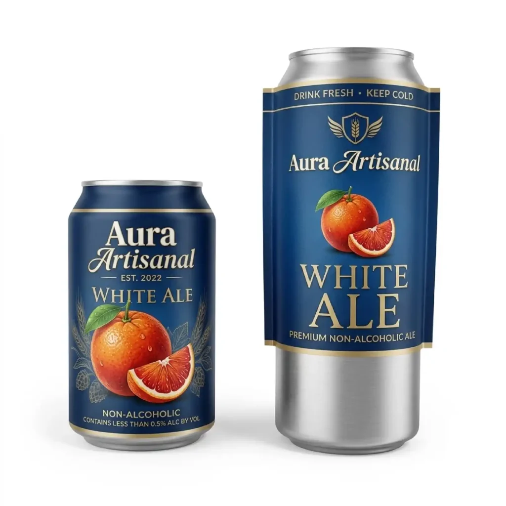 Aura Artisanal White Ale beverage can with custom printed shrink sleeve label.