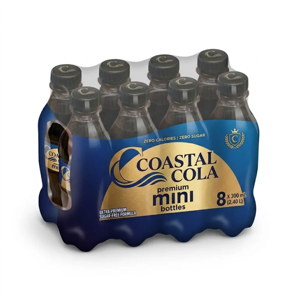 Coastal Cola premium mini bottles bundled with shrink wrap flexible packaging.