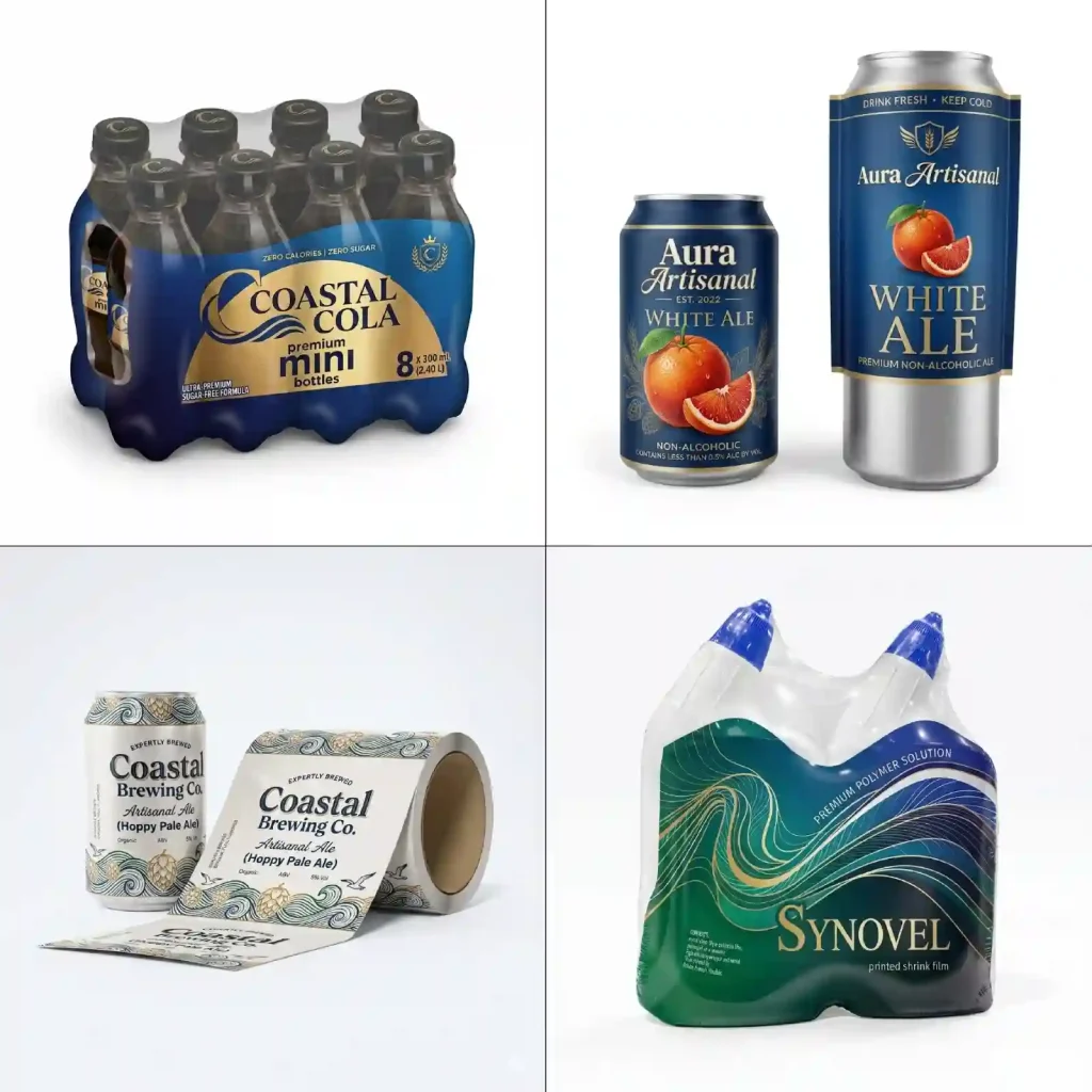 Collage showing different shrink wrap flexible packaging styles including multipacks, shrink sleeves, label rolls, and printed shrink film.
