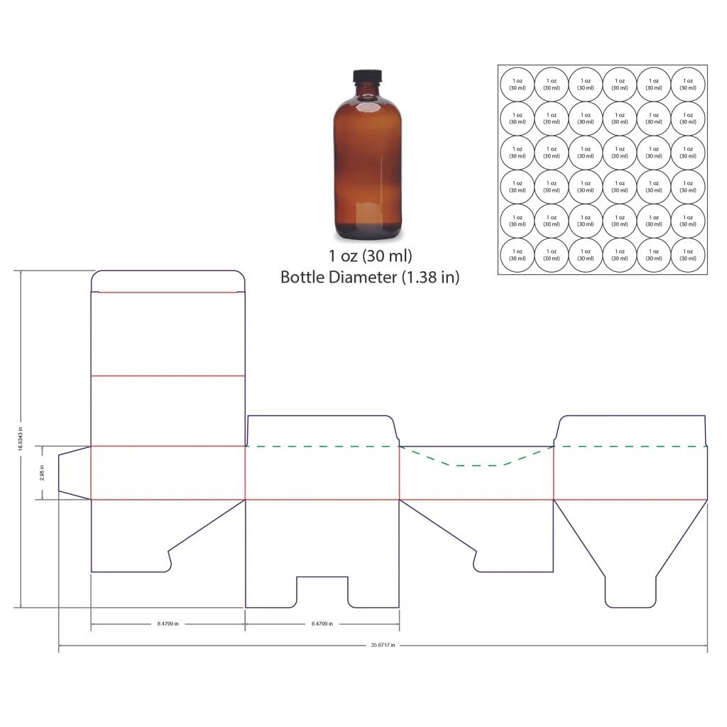 30ml Bottle Shelf Ready Display Box Template - 1 oz, 36 Boston Bottles