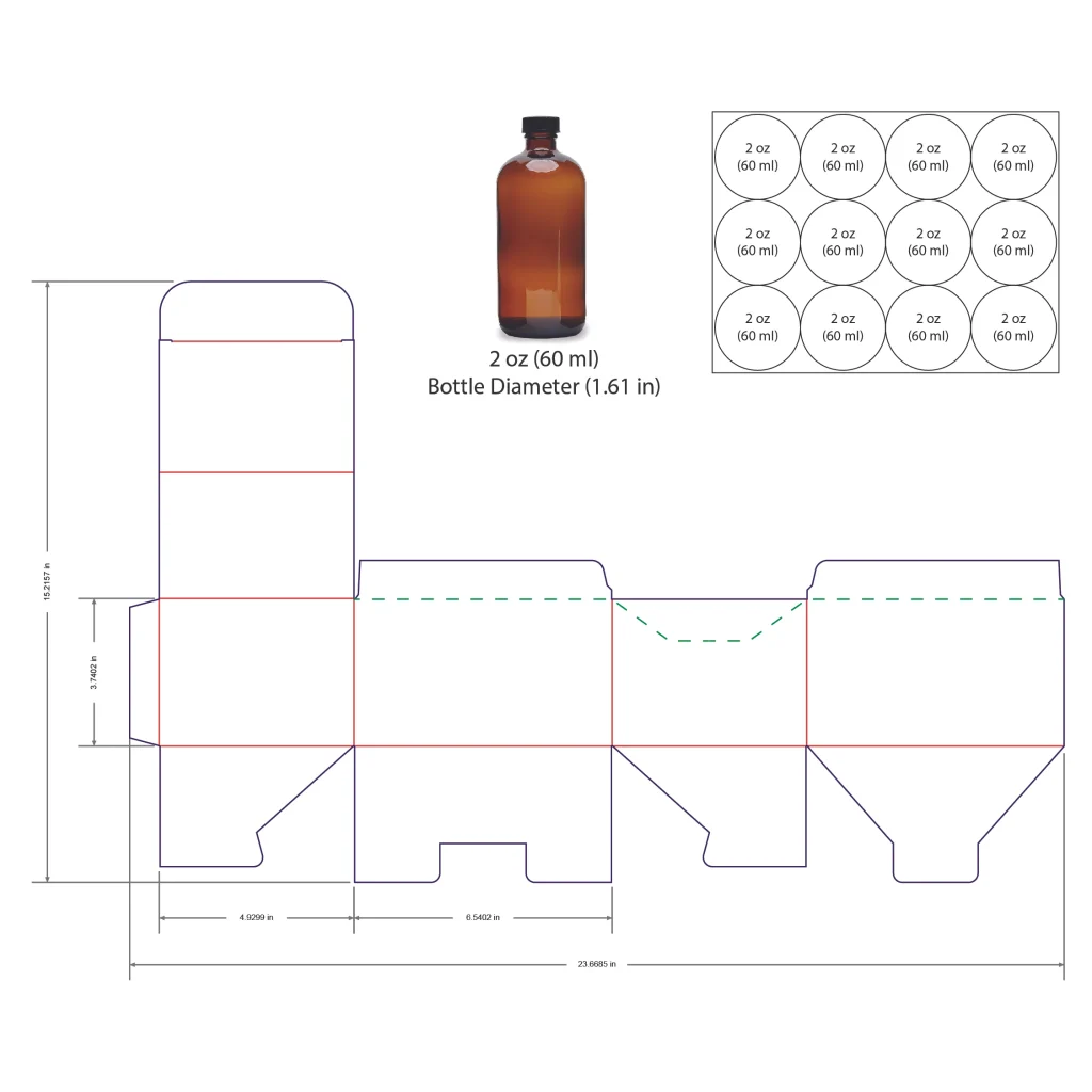 60ml Bottle Shelf Ready Display Box Template - 2 oz, 12 Boston Bottles