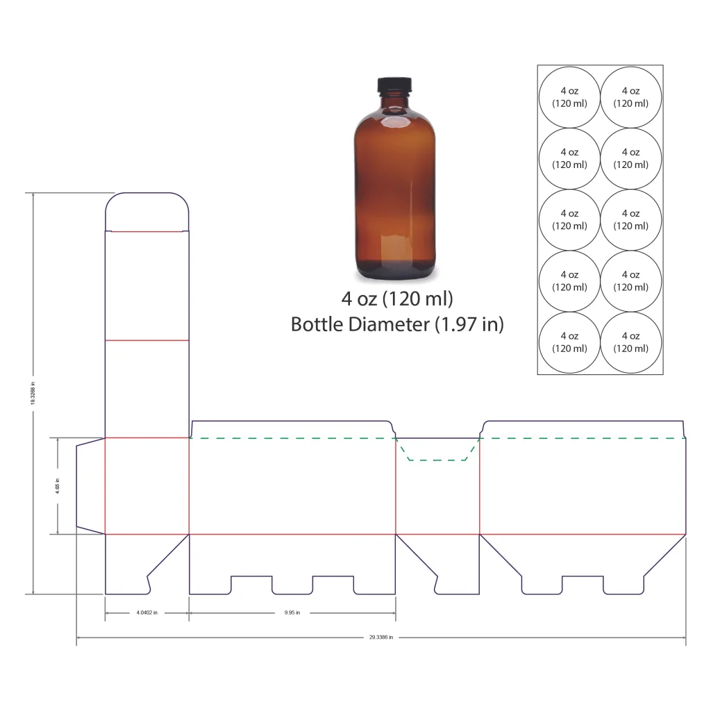 120ml Bottle Shelf Ready Display Box Template - 4 oz, 10 Boston Bottles