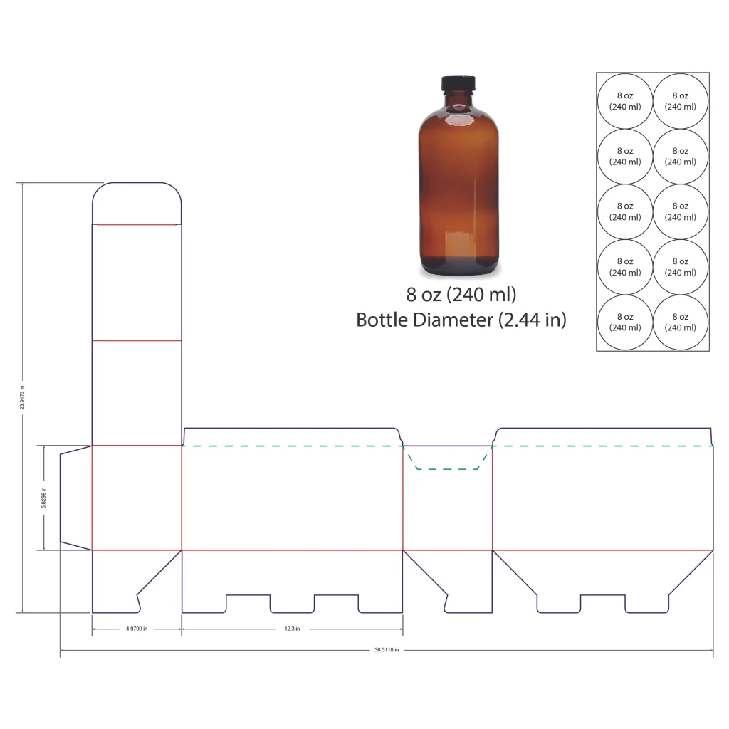 240ml Bottle Shelf Ready Display Box Template - 8 oz, 10 Boston Bottles