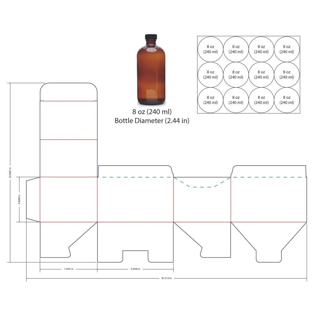 240ml Bottle Shelf Ready Display Box Template - 8 oz, 12 Boston Bottles