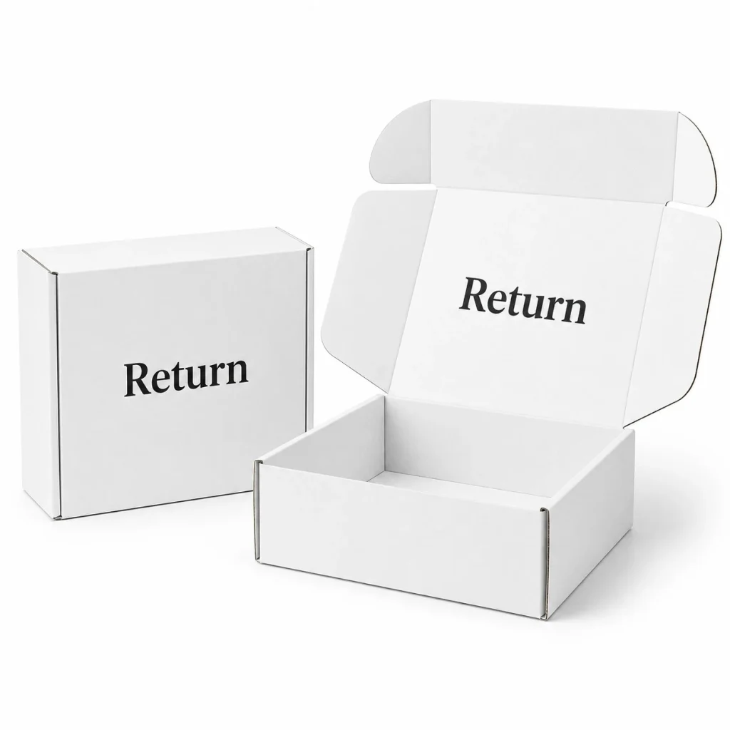 Kraft and white apparel mailer boxes for secure clothing packaging.