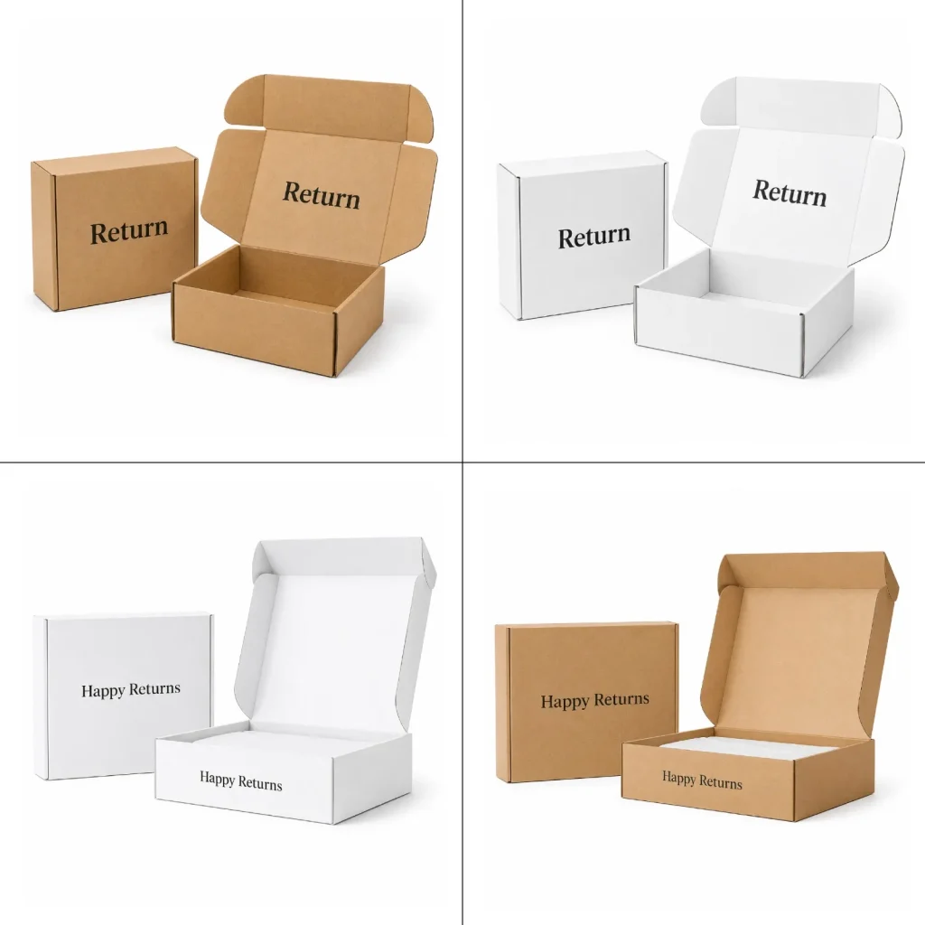 Kraft and white apparel mailer boxes designed to reduce e-commerce apparel returns.