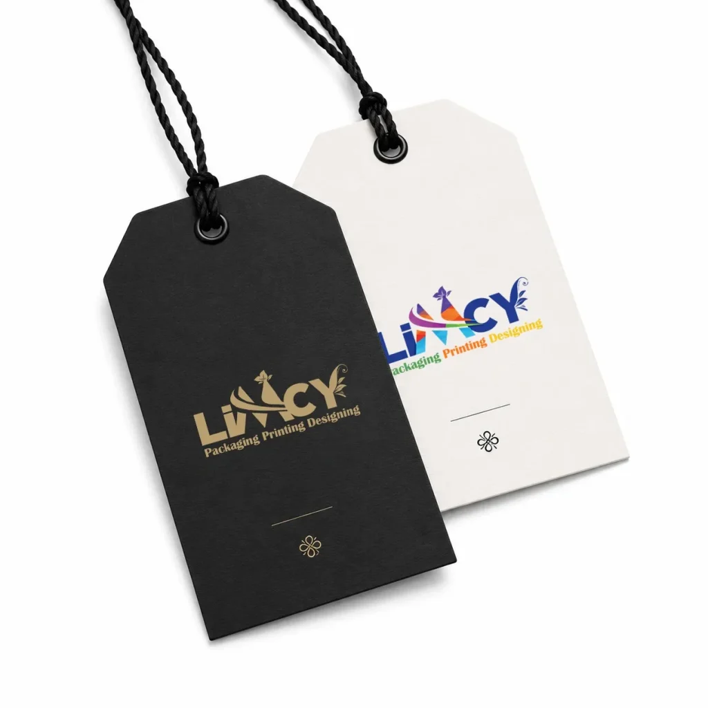 Boutique clothing packaging with custom branded hang tags for apparel and fashion products.