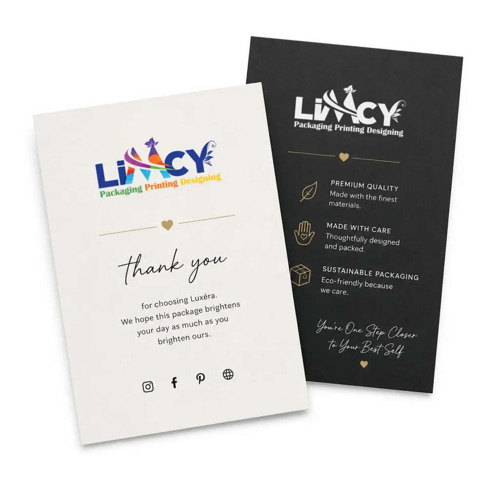 Startup clothing packaging featuring branded thank you cards to enhance customer experience and brand loyalty.