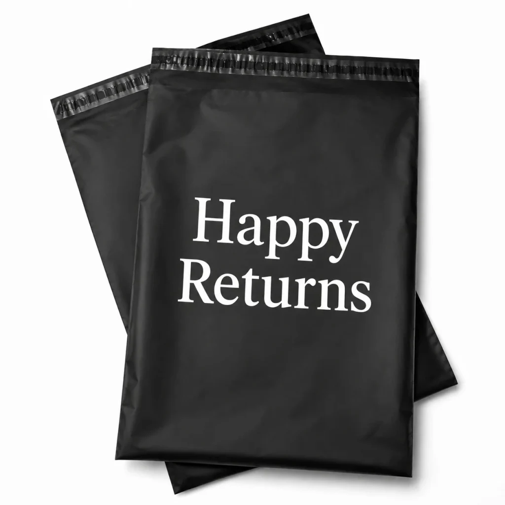 Black poly mailer for safe clothing packaging and secure e-commerce apparel shipping.