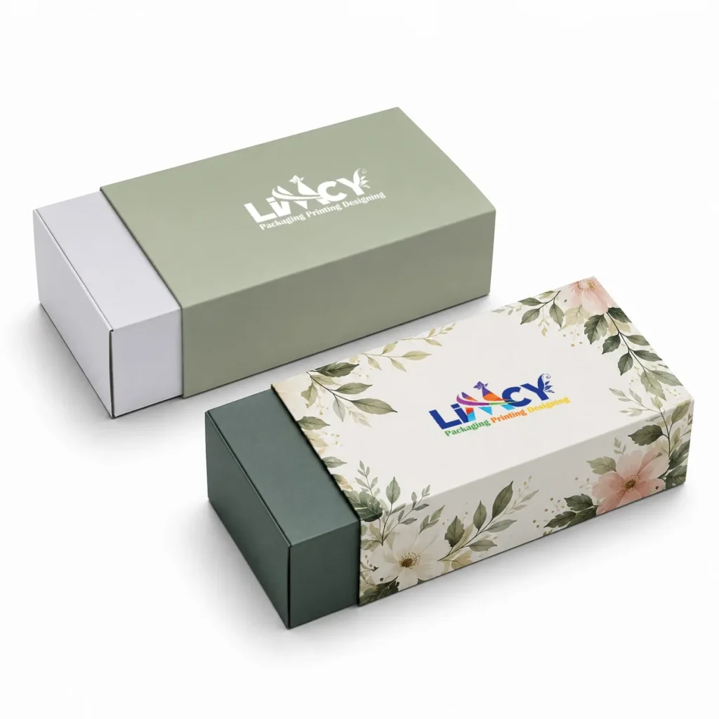 Custom apparel sleeve boxes with minimalist and floral bold packaging designs.