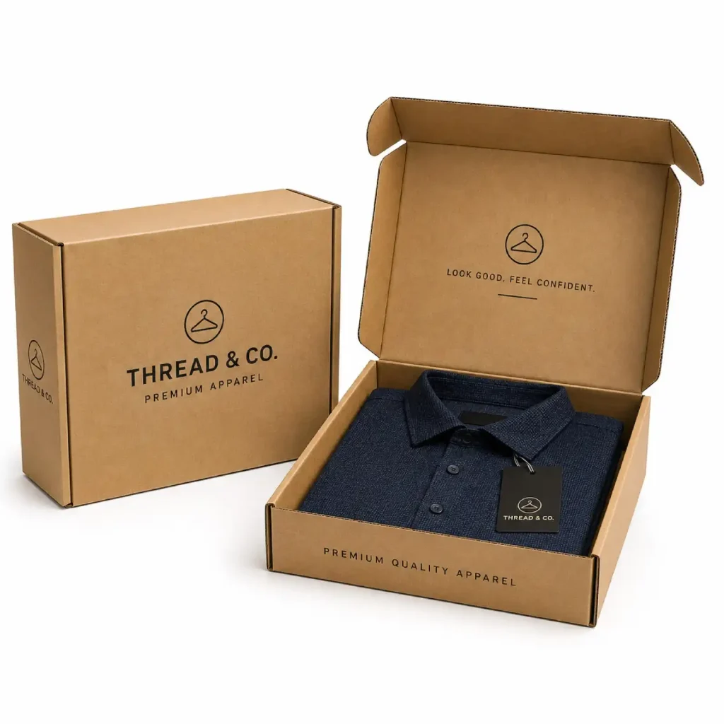 Corrugated apparel box with folded shirt designed for durable clothing packaging and shipping.