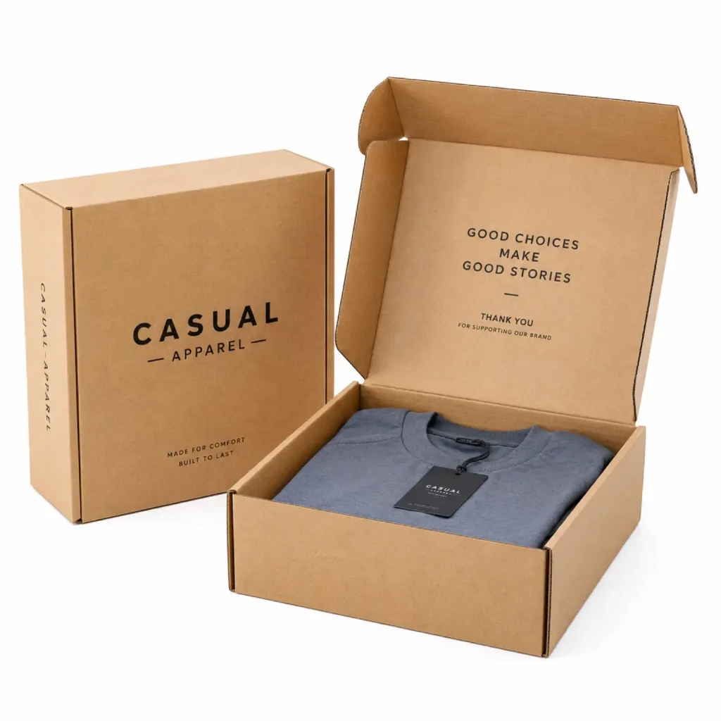 Corrugated clothing packaging box offering durable and cost-effective apparel packaging.