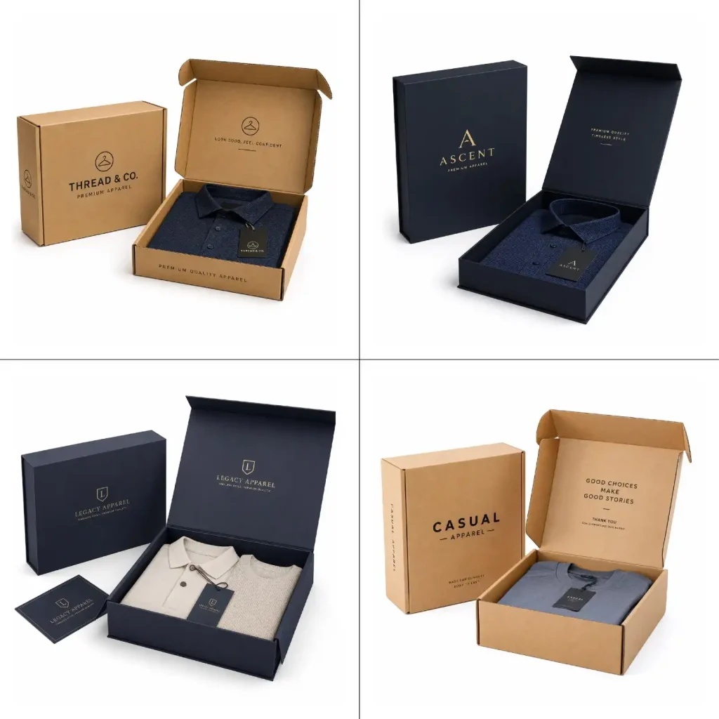 Corrugated vs rigid apparel boxes comparison showing premium clothing packaging solutions.