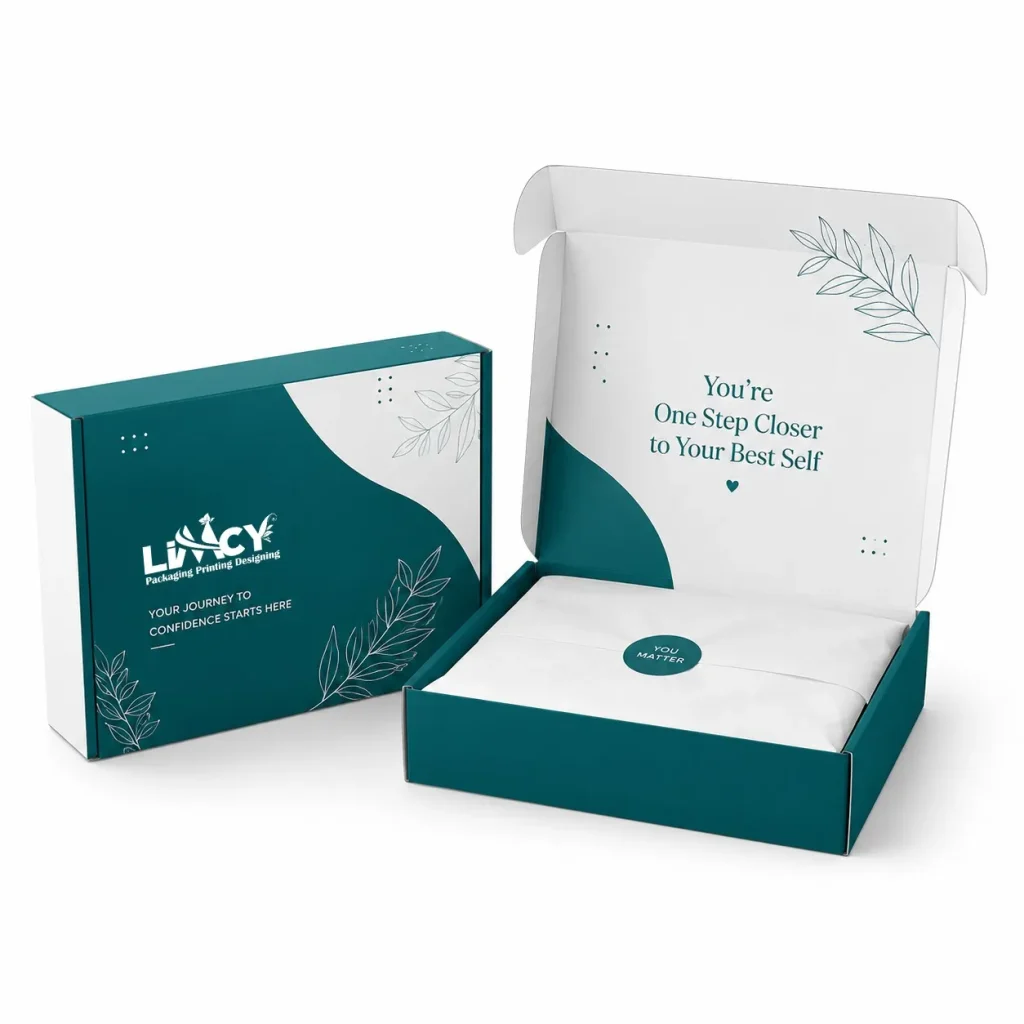 Custom apparel packaging for small business with a branded mailer box designed for clothing and fashion brands.