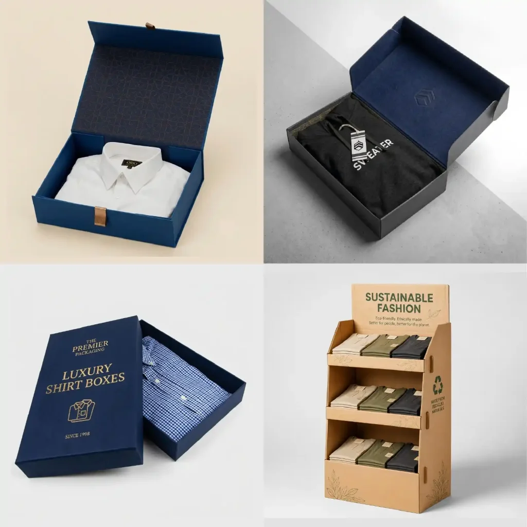Custom apparel boxes showcasing luxury, branded, and sustainable packaging solutions for clothing brands.