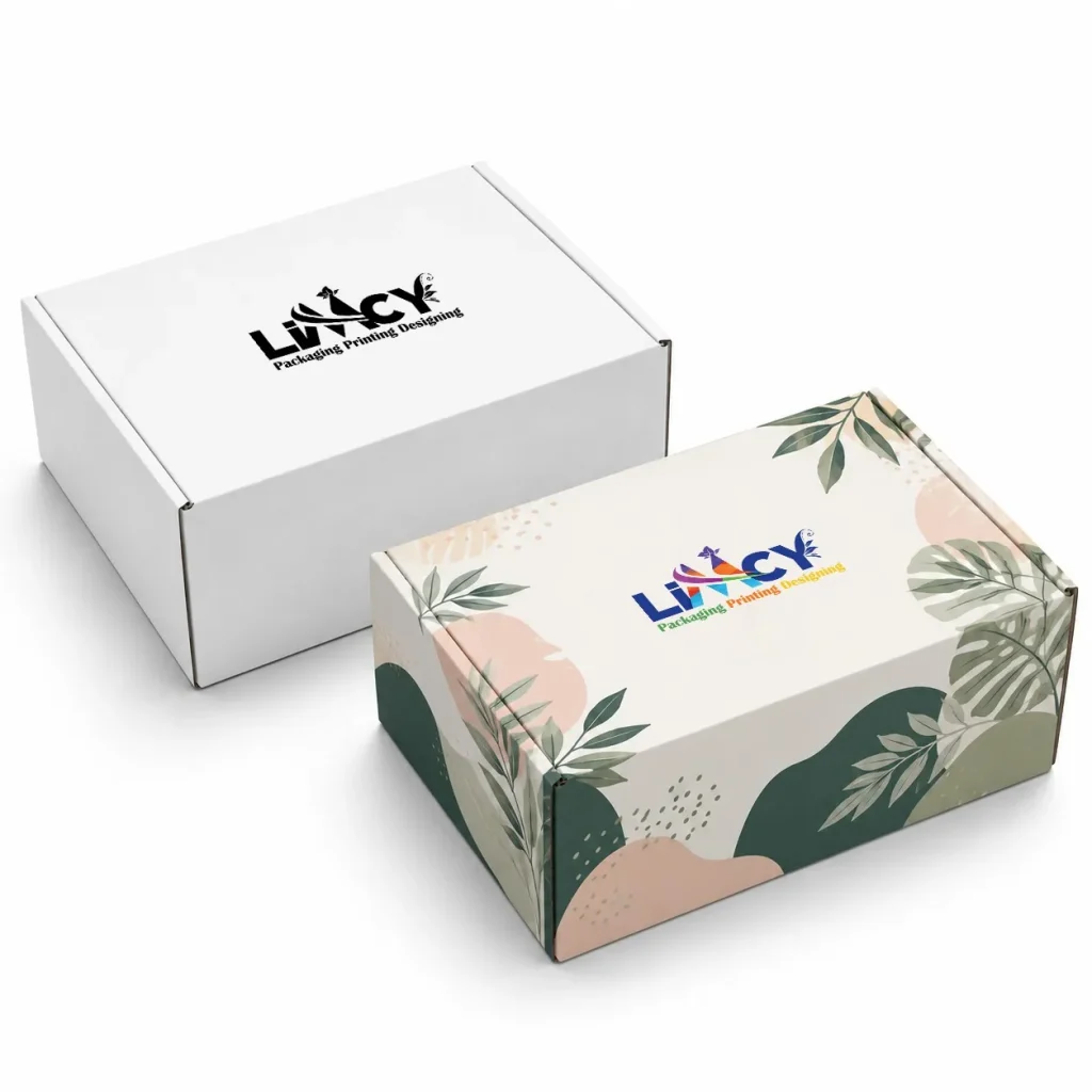 Custom apparel mailer boxes showcasing minimalist and bold clothing packaging styles.