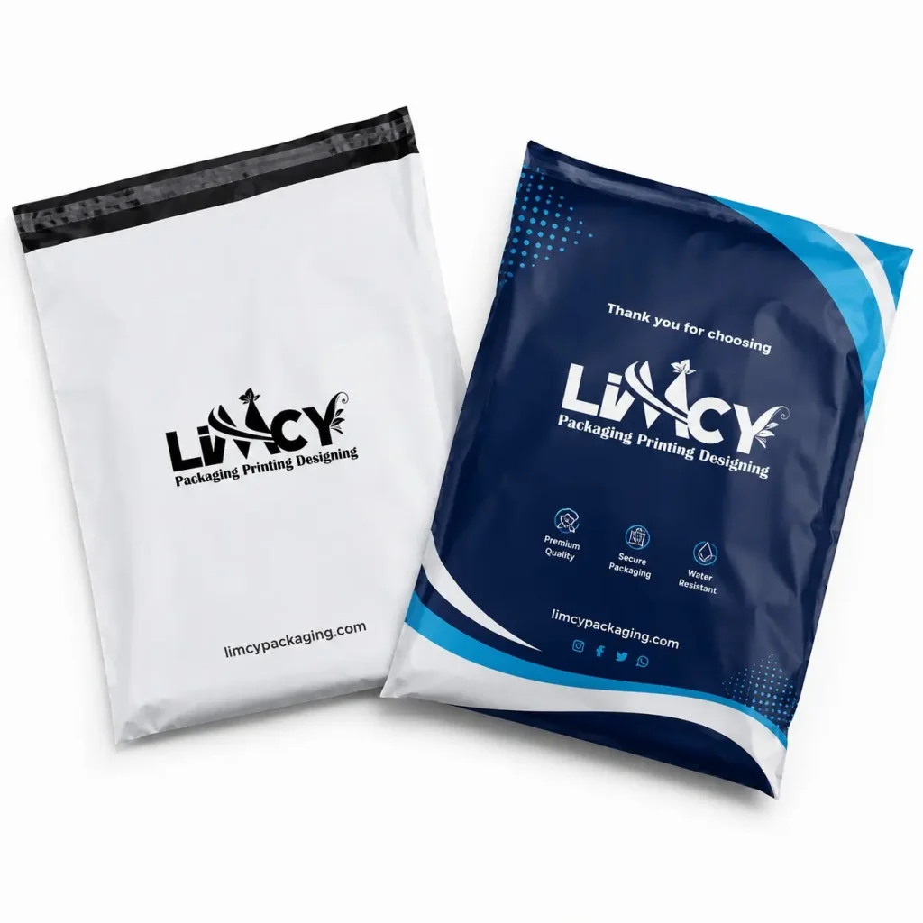 Branded poly mailer bags for apparel packaging with clean and bold design options.