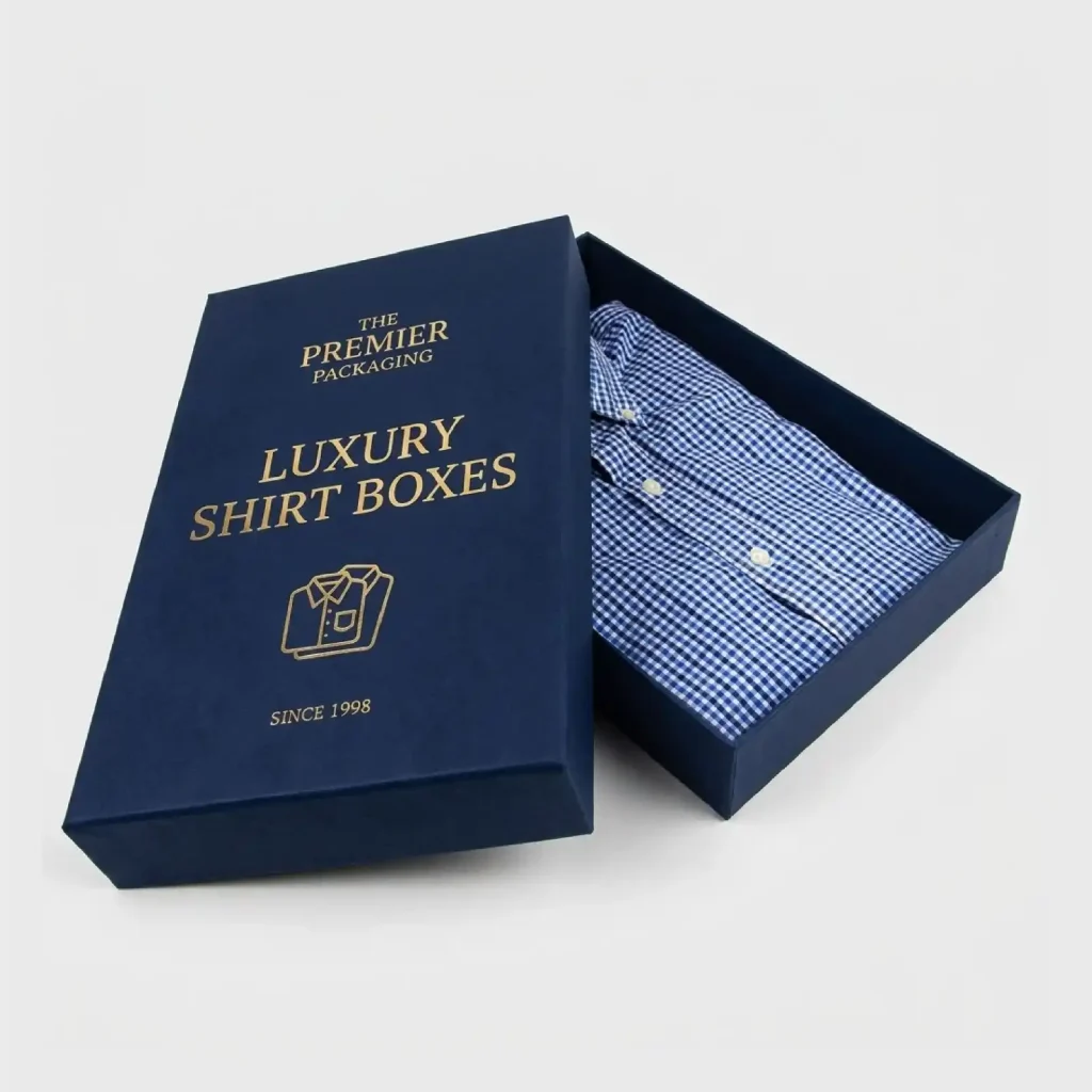 Custom printed apparel box with logo packaging for branded clothing products.