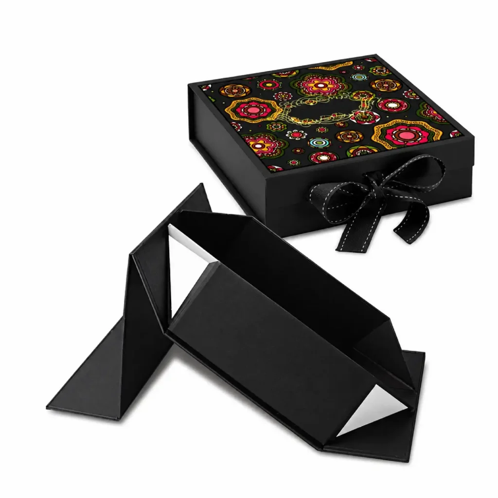 Black folding luxury rigid box with ribbon closure design for premium gift and retail packaging.