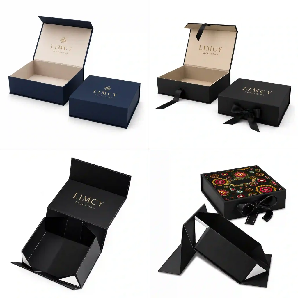 Comparison of folding and non-folding luxury rigid boxes featuring magnetic, ribbon closure, and collapsible packaging styles.