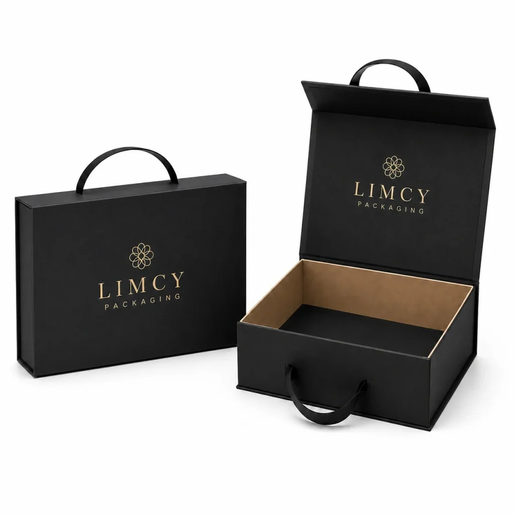 Black handle-style non-folding luxury rigid box with premium branding for retail and wholesale packaging.