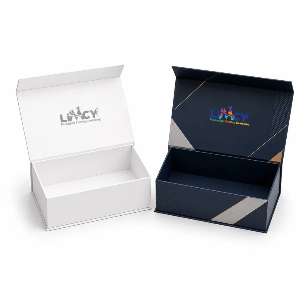 White and black minimalist magnetic apparel boxes with premium custom branding.