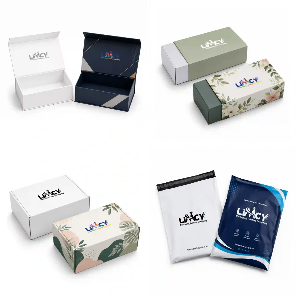 Minimalist and bold apparel packaging styles featuring custom clothing boxes and poly mailers for fashion brands.
