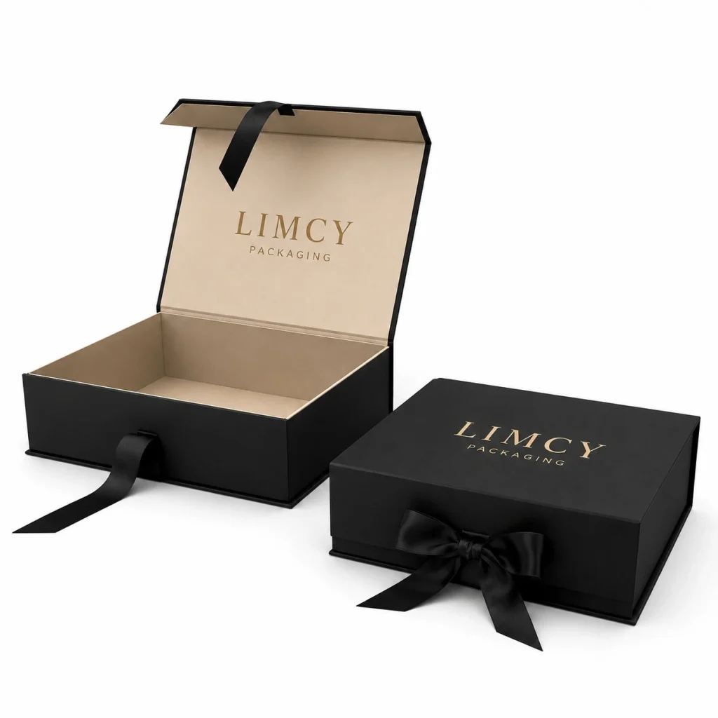 Elegant non-folding ribbon closure luxury rigid box with custom branding designed for premium gift and retail packaging.