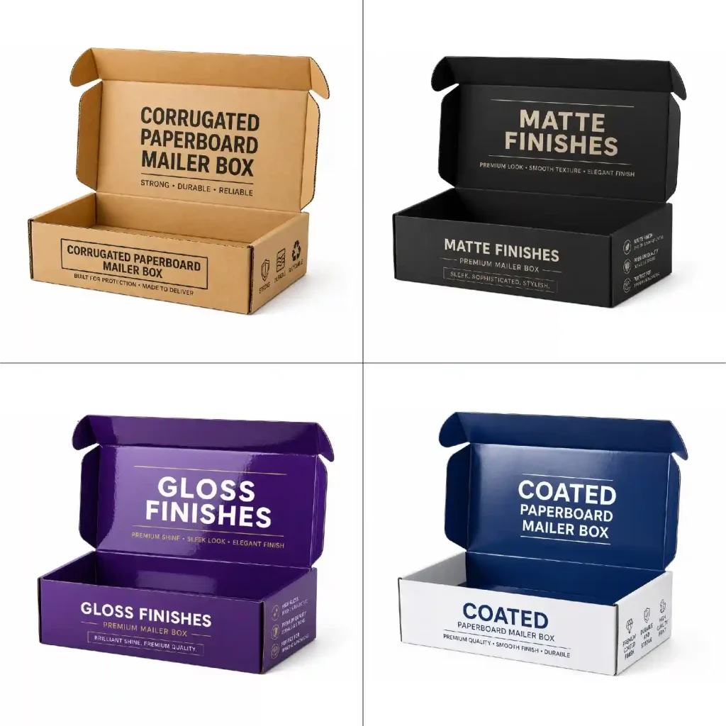 Different paper stock options for apparel boxes including kraft, matte, gloss, and coated finishes.
