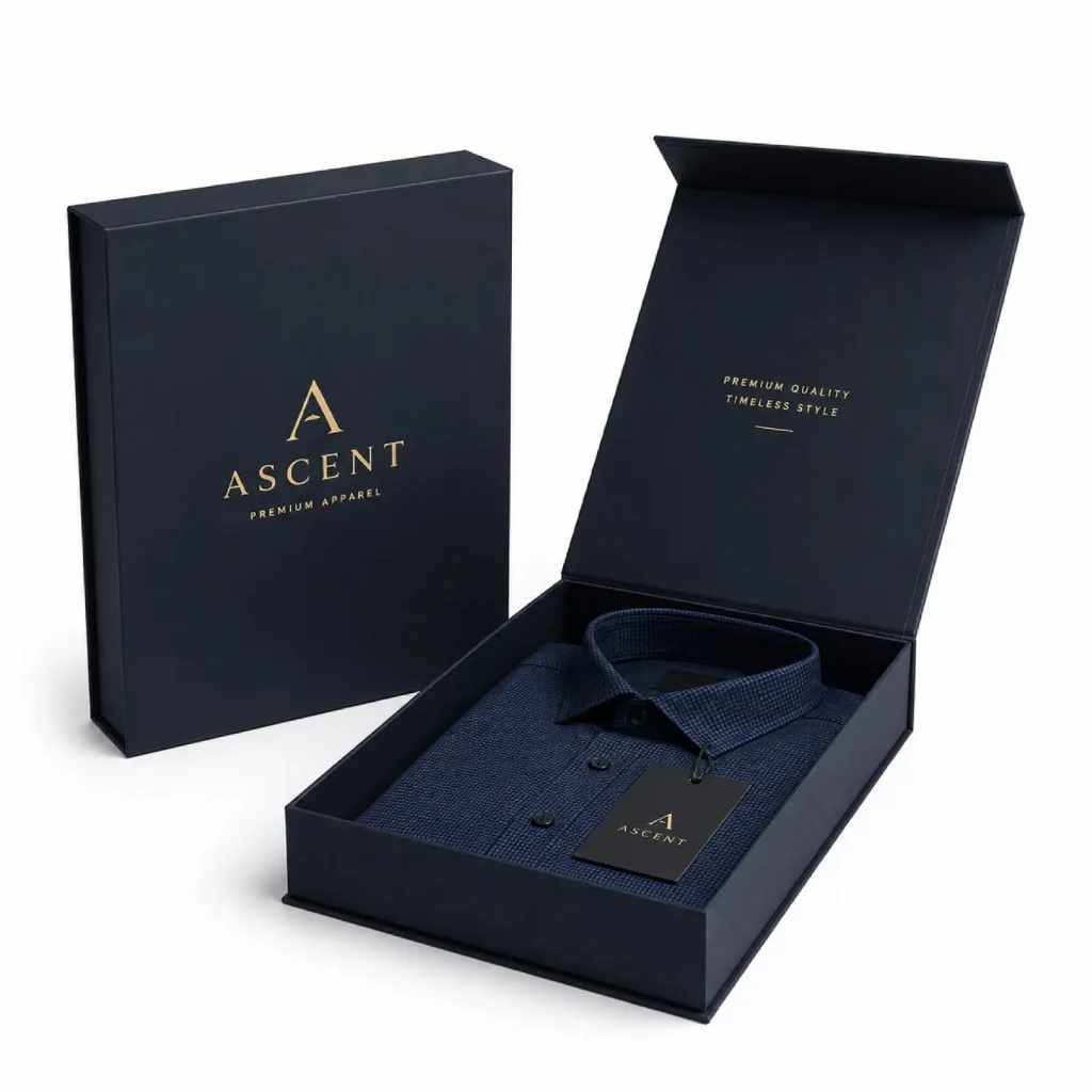 Rigid apparel box with premium shirt packaging for luxury fashion brands.