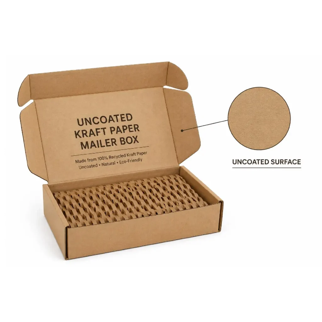 Uncoated kraft mailer box made from recyclable paper stock for sustainable and eco-friendly apparel packaging.