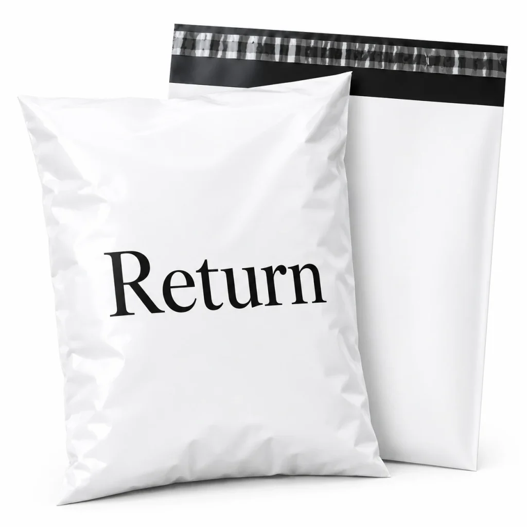 White Returns poly mailer for secure apparel shipping and product protection.
